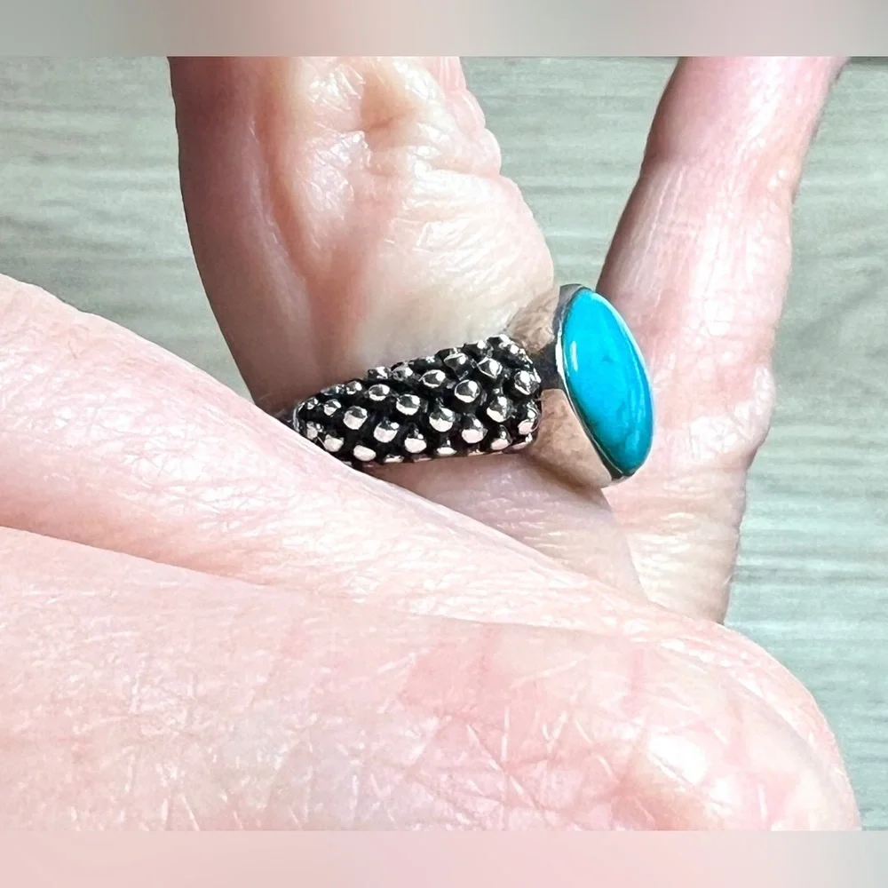 Vintage Designer Sterling Silver Pebbled Caviar Pointed Turquoise Ring, Size 6